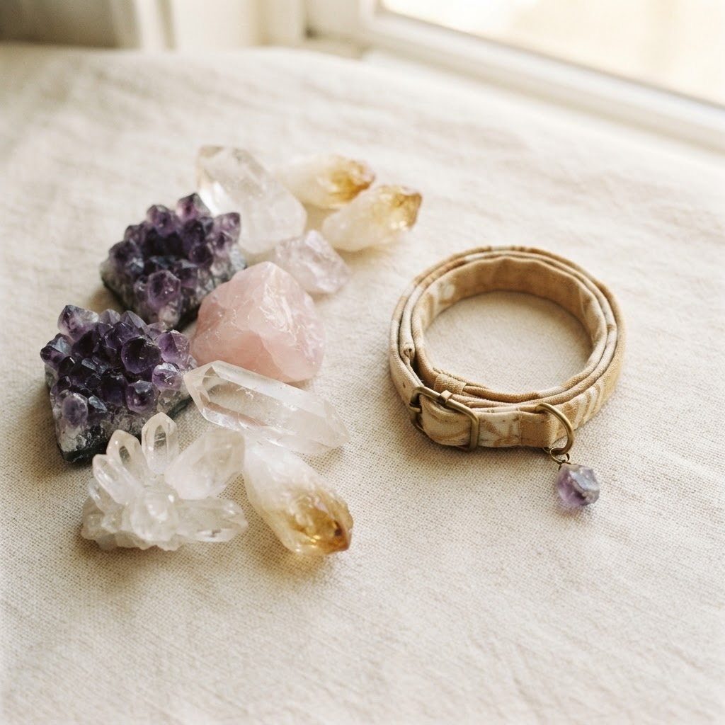 Amethyst, rose quartz, clear quartz, and citrine beside a fabric collar with a small purple charm