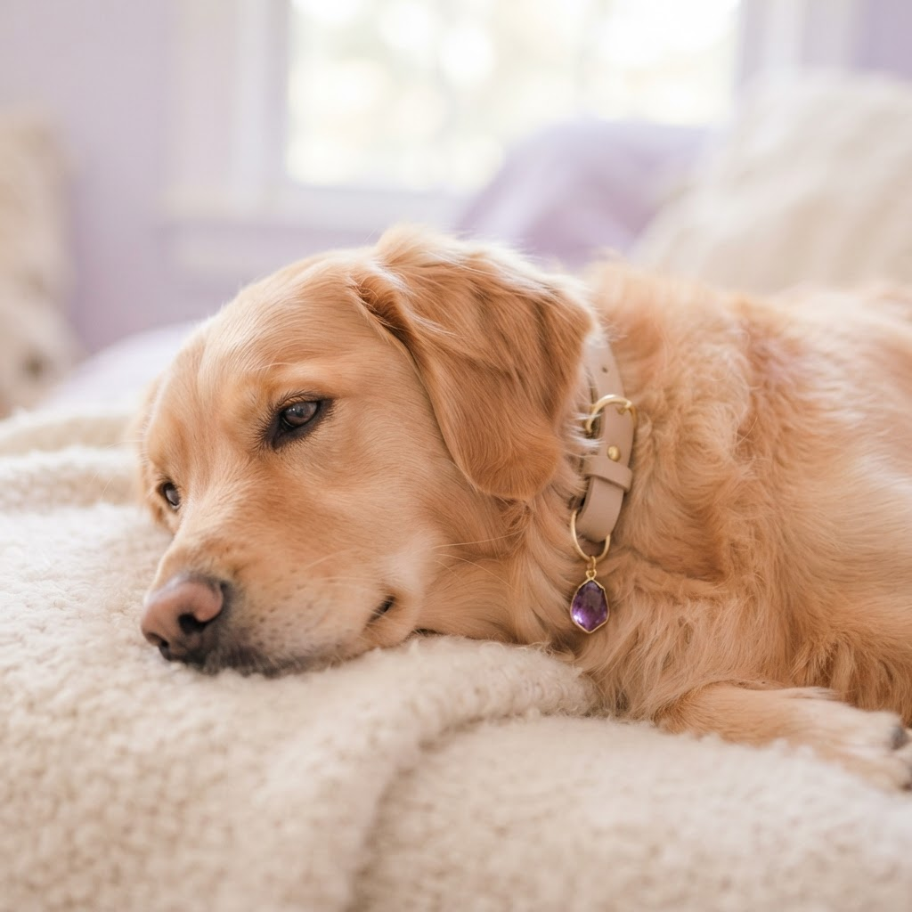 A dog wearing an amethyst dog collar charm